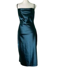 xxxiticat Slip Dress‎ Emerald Jade Satin Cowl Neck Spaghetti Strap Midi (Size L)